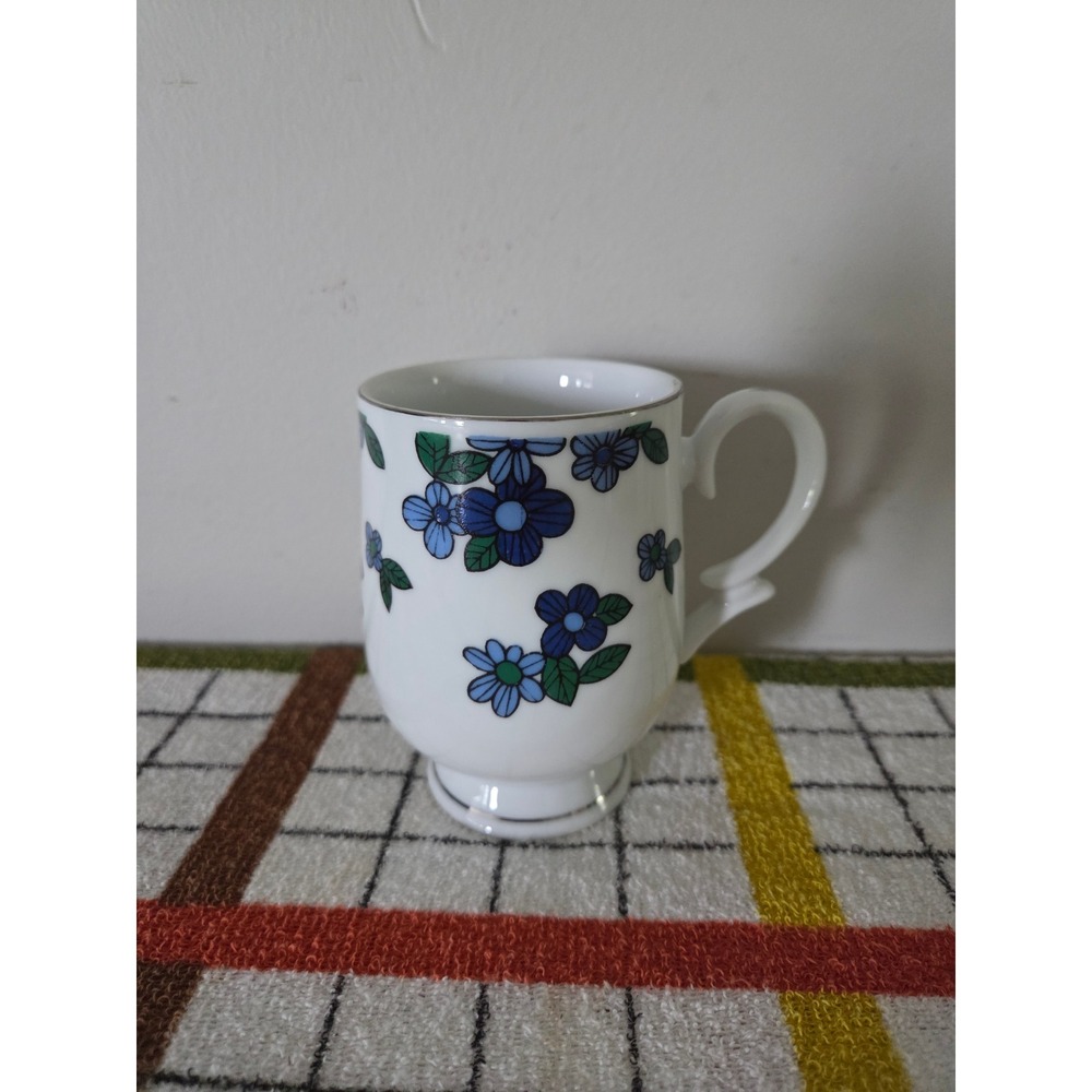 Royalton China Co Blue Floral Translucent Porcelain Mug Silver Trim Japan 4in